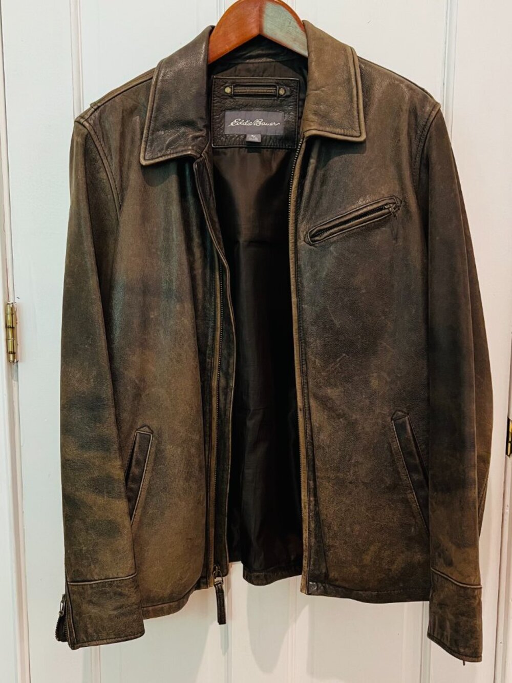 VINTAGE Eddie Bauer Distressed Heavy Leather Jacket Coat Mens TXL